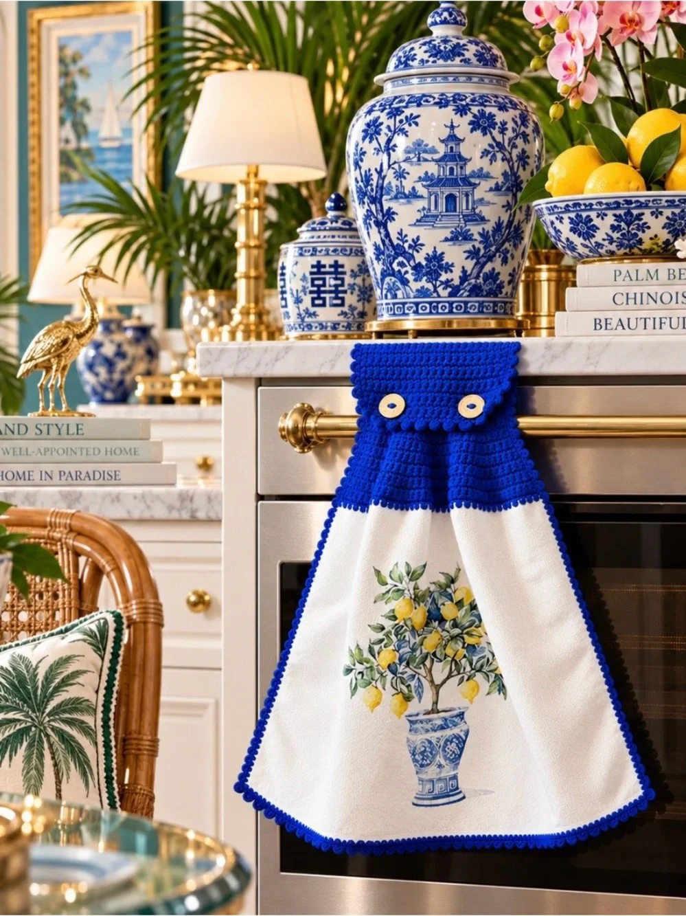 Handmade Crochet Hanging Kitchen Towel Chinoiserie Lemon Tree